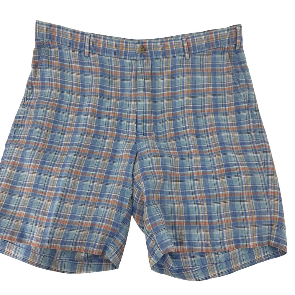 Peter Millar Plaid 100‎ % Linen Shorts Mens Size 36 Blue Orange Casual Golf